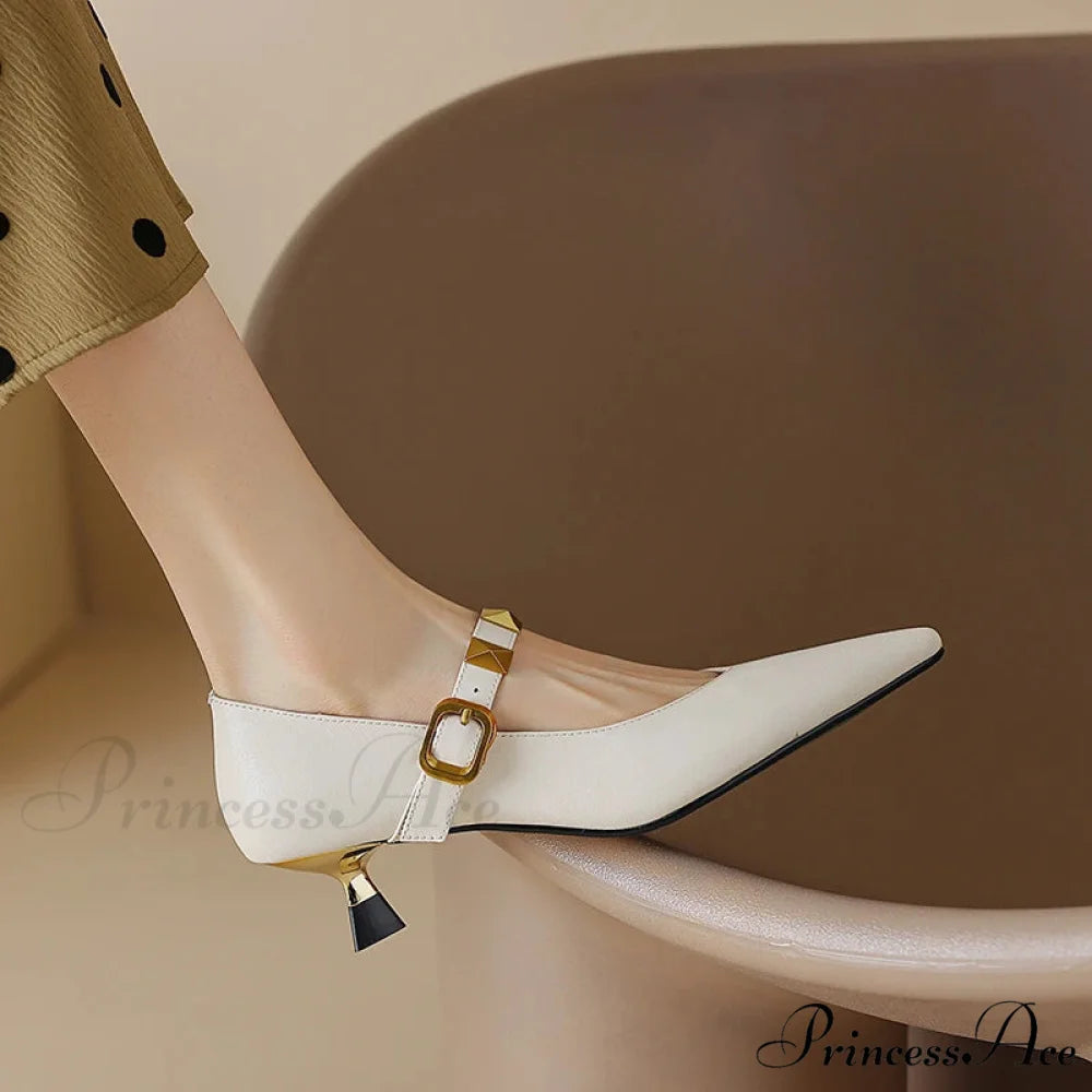 Fashion Fall Pointed Shallow Mouth Rivets Professional Temperament Low Heel Pump WHITE / 35