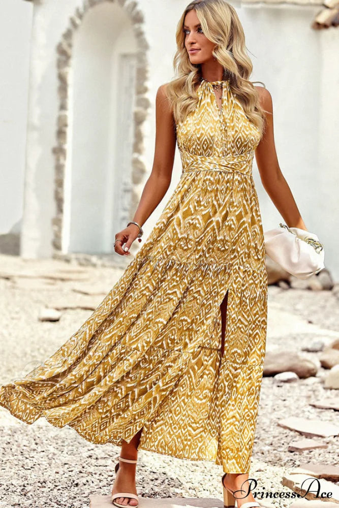 Fashion Floral Print Strapless Modern Tie Waist Casual Dress S / Gold