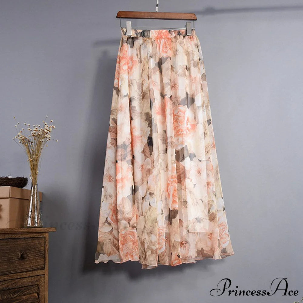 Fashion Florals Print Long Skirt light orange / M