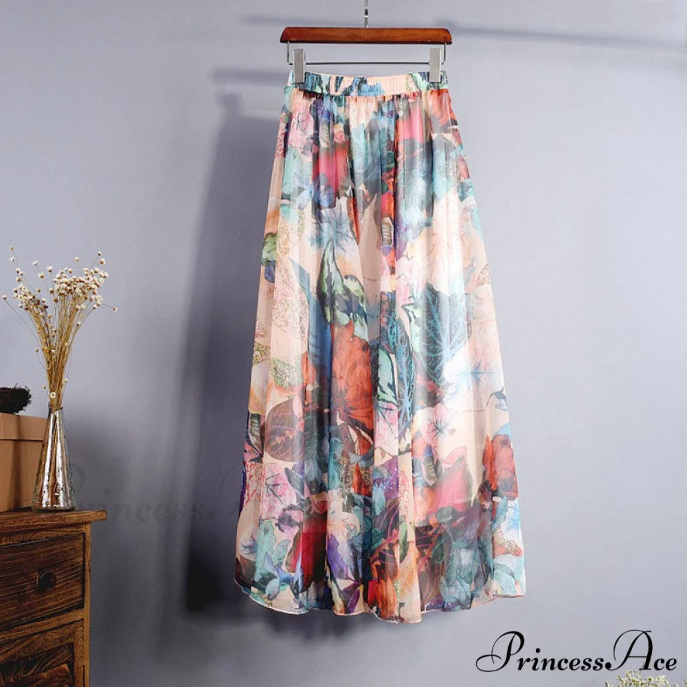 Fashion Florals Print Long Skirt orange / M