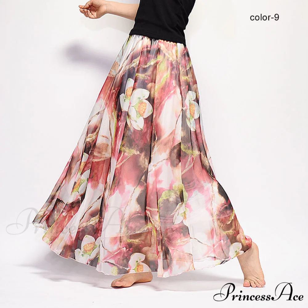 Fashion Florals Print Long Skirt orange red / M
