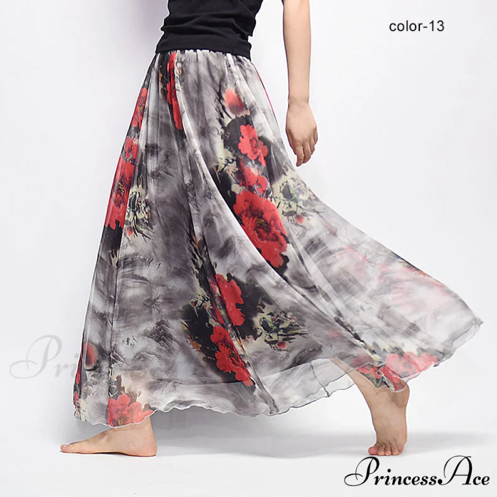 Fashion Florals Print Long Skirt red 1 / M