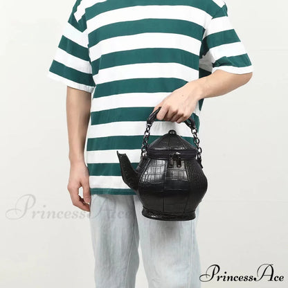 Fashion Funny Teapot Shaped Stone Pattern Leather Gothic Personalized Bag Black