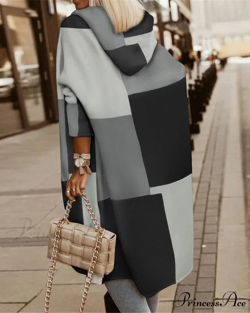 Fashion Geometric Print Long Sleeve Hooded Casual Loose Trench Stylish Coat