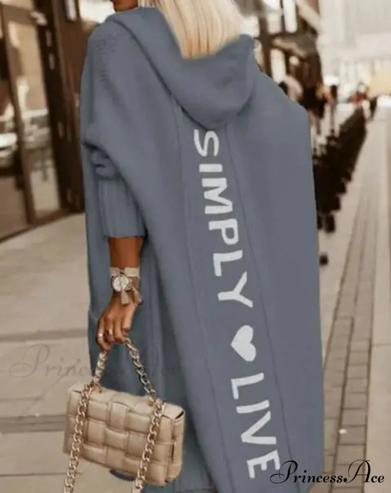 Fashion Geometric Print Long Sleeve Hooded Casual Loose Trench Stylish Coat Dark Grey / S