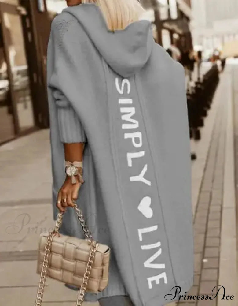 Fashion Geometric Print Long Sleeve Hooded Casual Loose Trench Stylish Coat GRAY / S