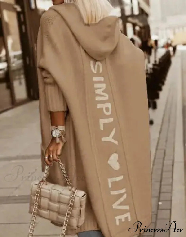 Fashion Geometric Print Long Sleeve Hooded Casual Loose Trench Stylish Coat Khaki / S