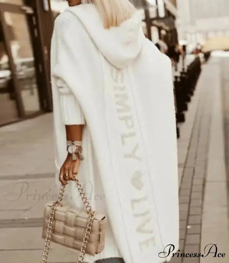 Fashion Geometric Print Long Sleeve Hooded Casual Loose Trench Stylish Coat WHITE / S