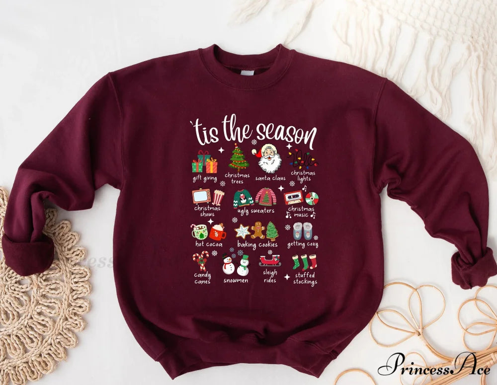 Fashion Girl Tis The Season Retro Cute Element Girl Christmas Hoodie Burgundy / S Christmas Hoodies-L