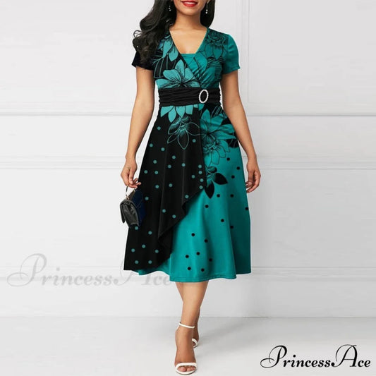 Fashion Gown Brief Retro Gown Office Irregular Waist A-line V-neck Party Women Lady Midi Arm High Warm-Season Elegant