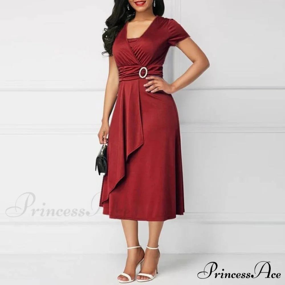 Fashion Gown Brief Retro Gown Office Irregular Waist A-line V-neck Party Women Lady Midi Arm High Warm-Season Elegant