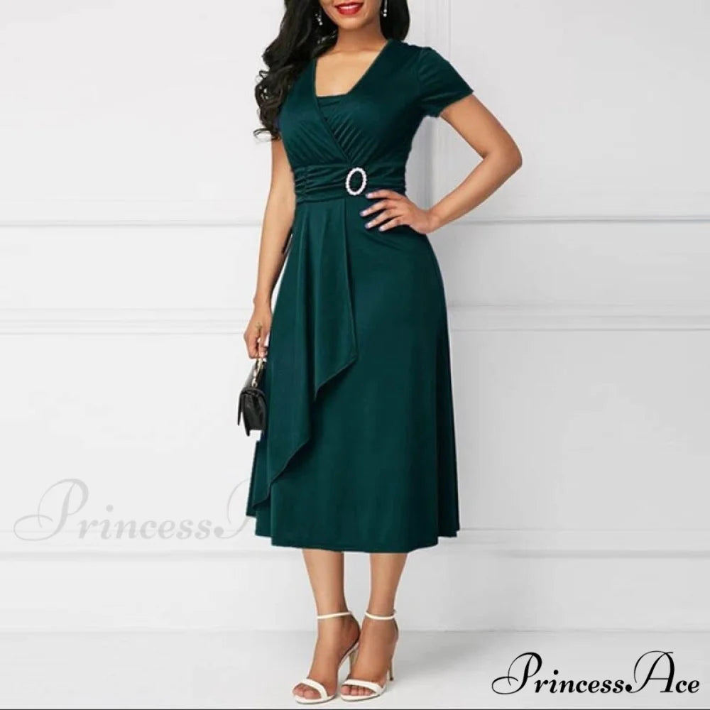 Fashion Gown Brief Retro Gown Office Irregular Waist A-line V-neck Party Women Lady Midi Arm High Warm-Season Elegant