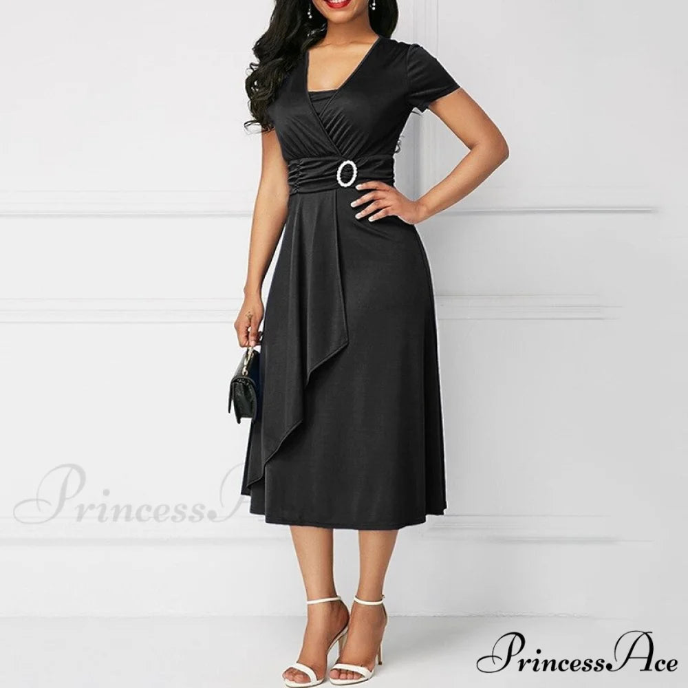 Fashion Gown Brief Retro Gown Office Irregular Waist A-line V-neck Party Women Lady Midi Arm High Warm-Season Elegant