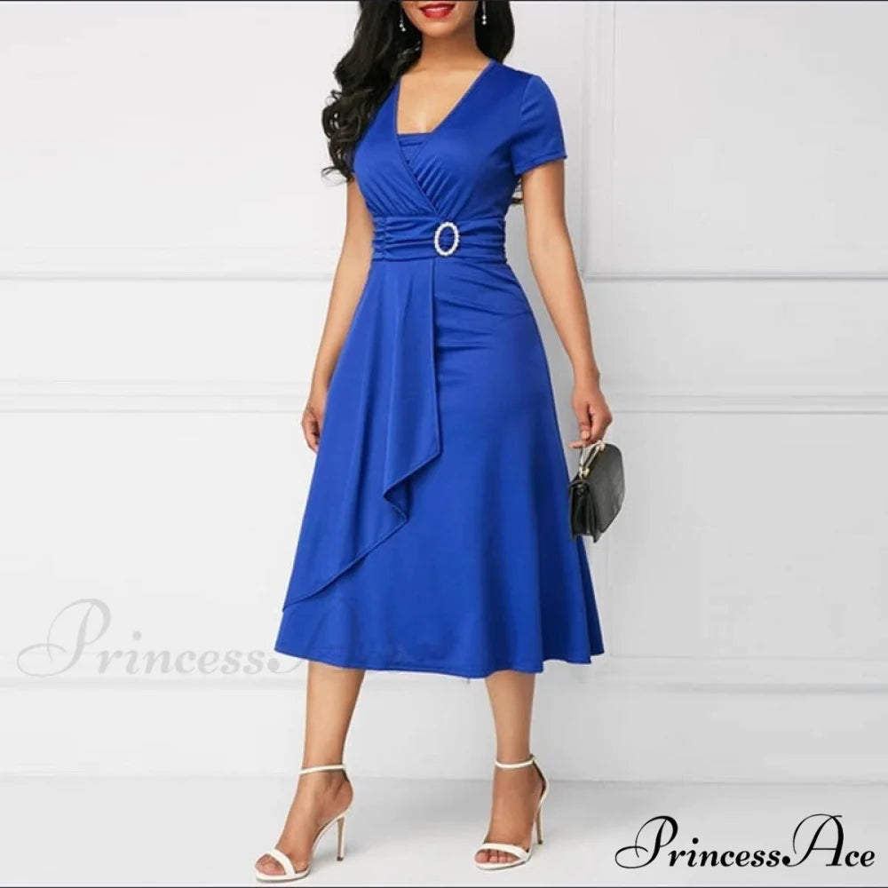 Fashion Gown Brief Retro Gown Office Irregular Waist A-line V-neck Party Women Lady Midi Arm High Warm-Season Elegant