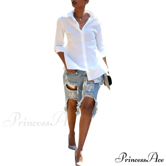 Fashion Holes Ripped Straight Denim Shorts Summer Streetwear Knee Length Women Shorts High Waist Casual Jean