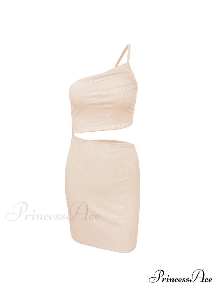 Fashion Hollow Out Side Bra One Shoulder Drawstring Bodycon Mini Dress APRICOT / S