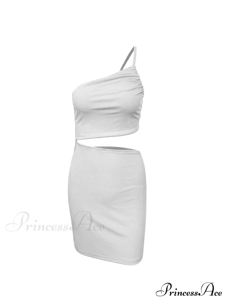 Fashion Hollow Out Side Bra One Shoulder Drawstring Bodycon Mini Dress WHITE / S