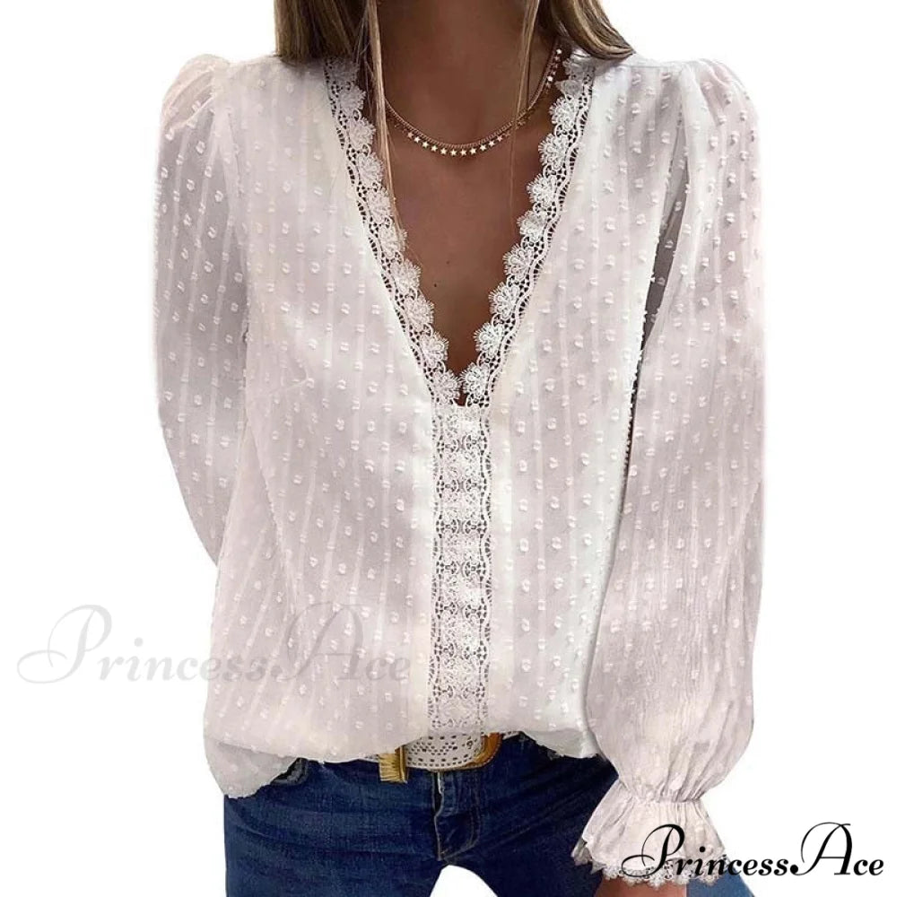 Fashion Lace Patchwork V Neck Blouses
