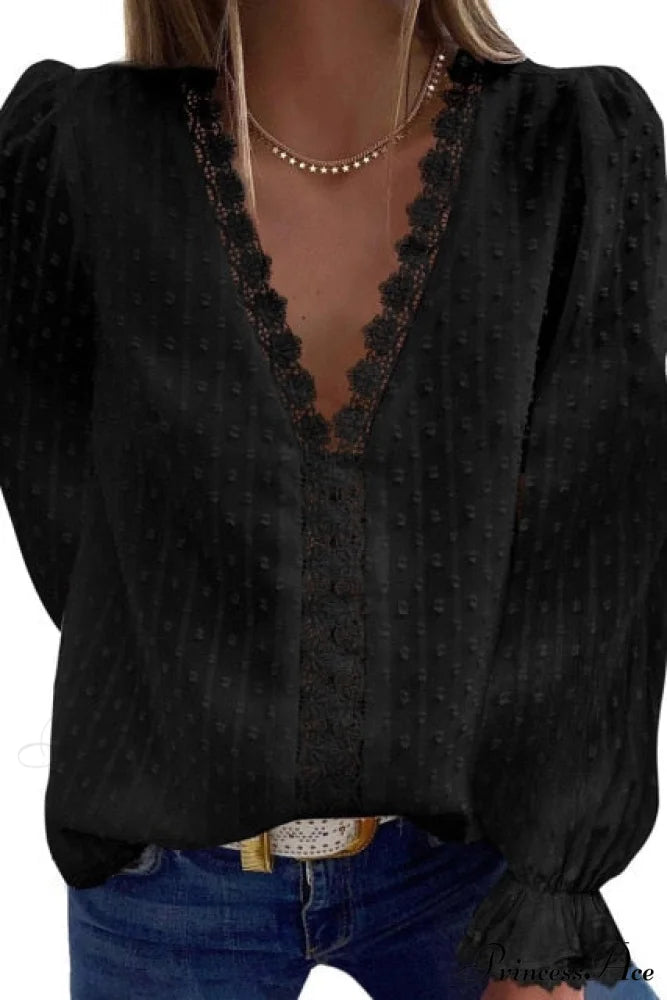 Fashion Lace Patchwork V Neck Blouses Black / S