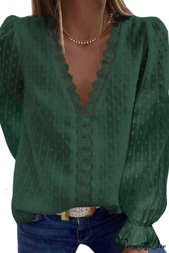 Fashion Lace Patchwork V Neck Blouses Green / S
