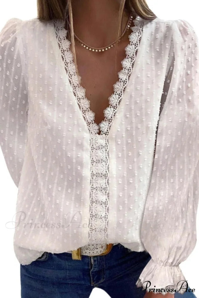 Fashion Lace Patchwork V Neck Blouses White / S
