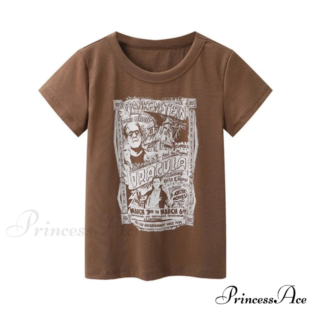 Fashion Ladies Cute Cartoon Print Short Tees coffee / One Size