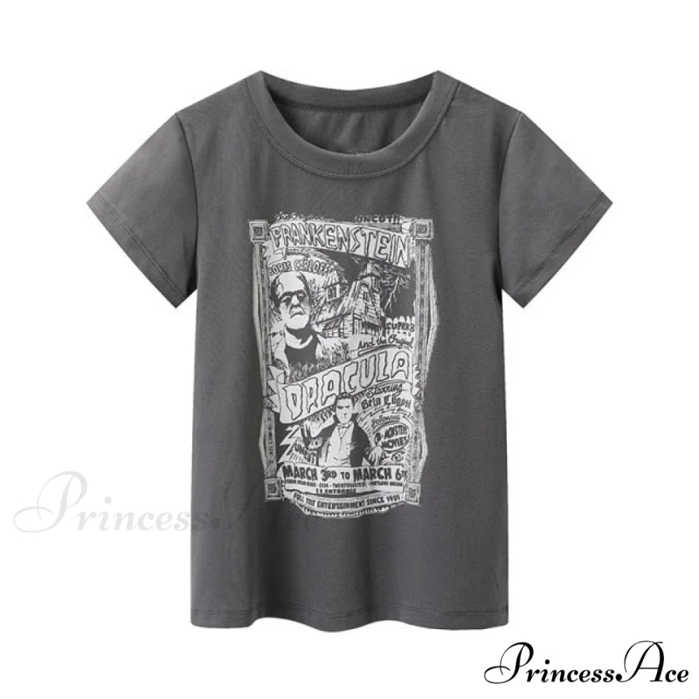 Fashion Ladies Cute Cartoon Print Short Tees gray / One Size