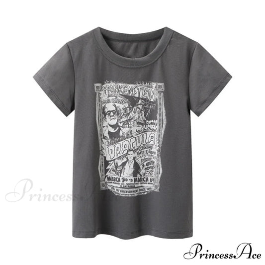 Fashion Ladies Cute Cartoon Print Short Tees gray / One Size