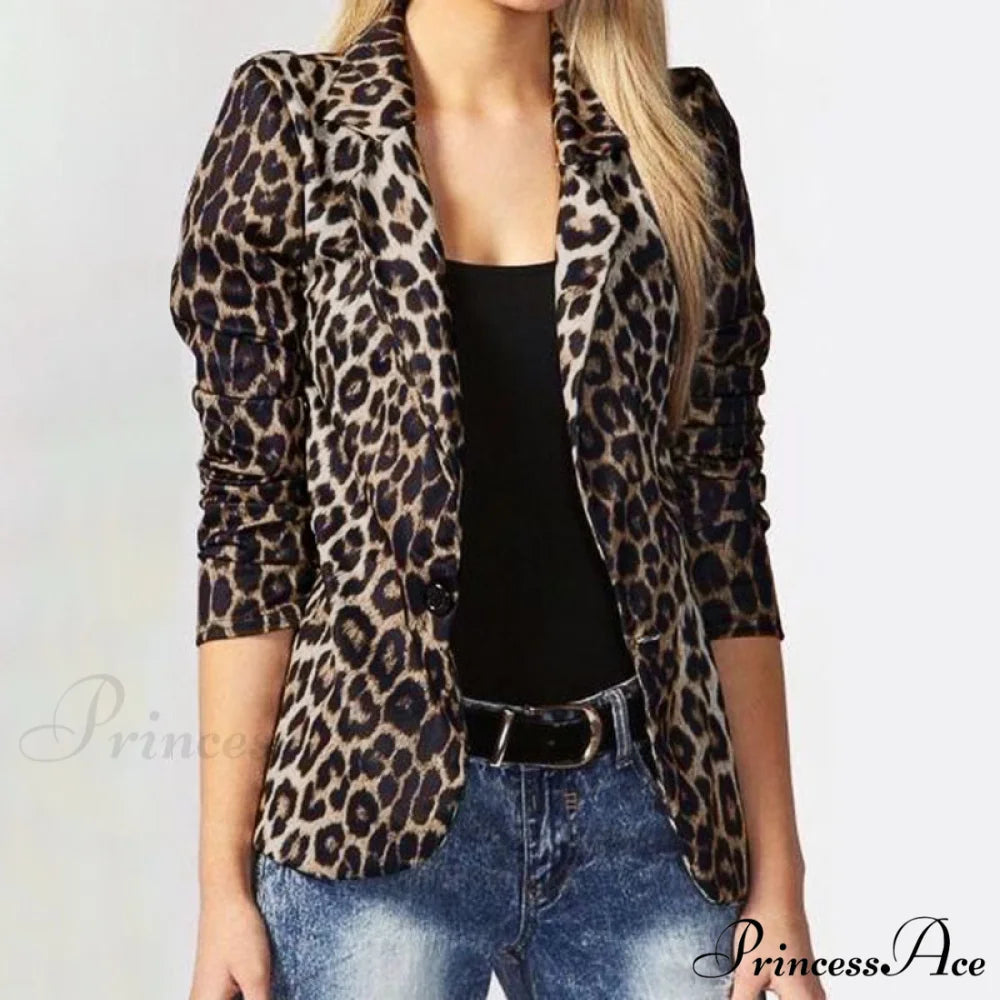 Fashion Ladies Office Leopard Lapel Blazer