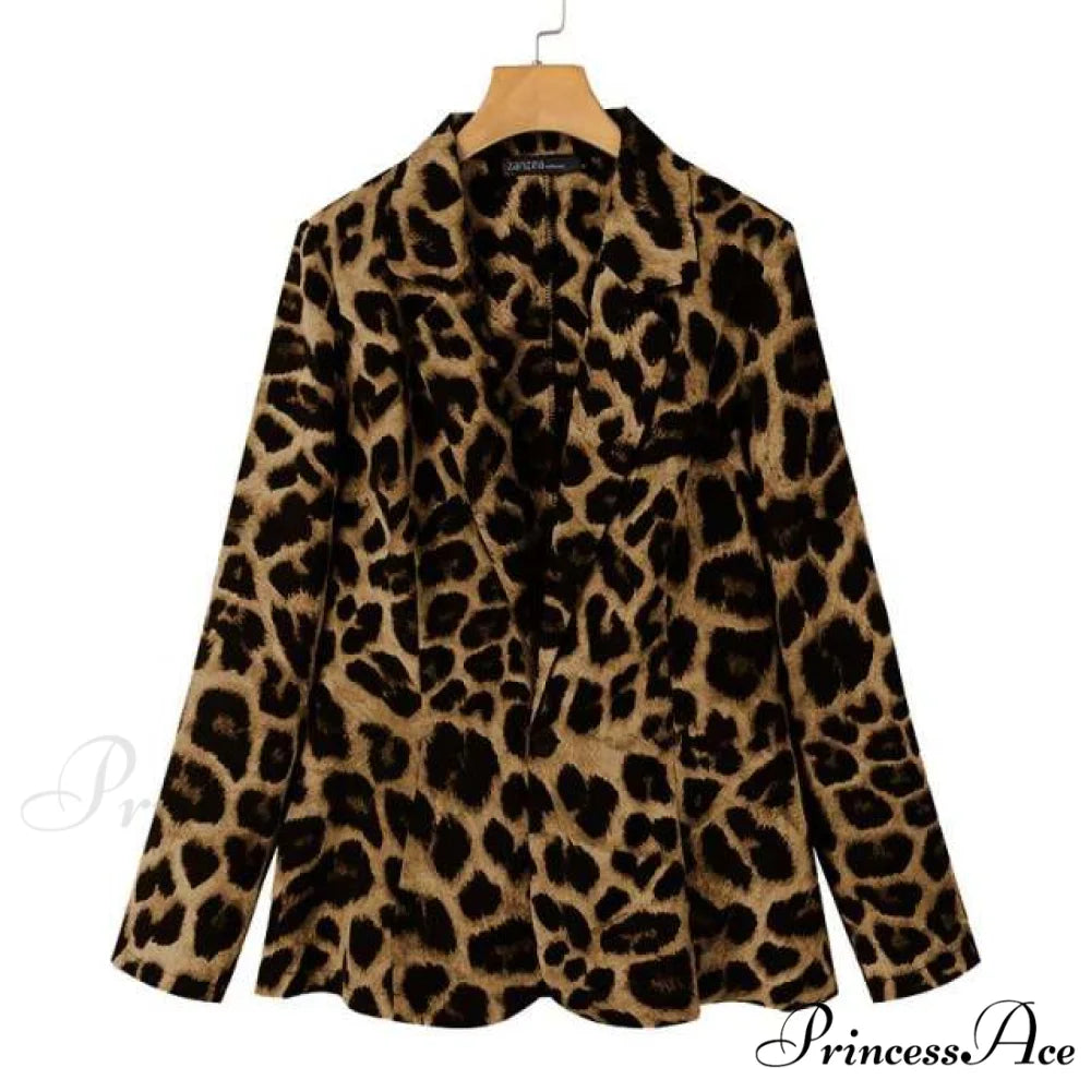 Fashion Ladies Office Leopard Lapel Blazer Yellow / XL