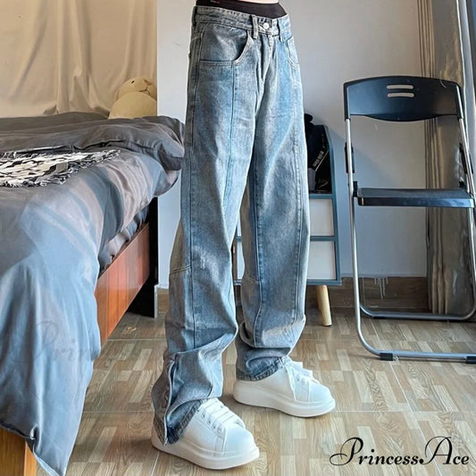 Fashion Letter Print Loose Jeans blue / S 42.5KG---50KG