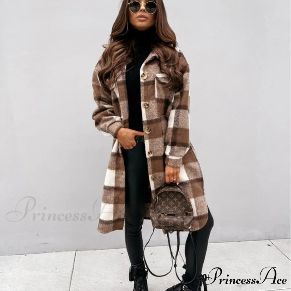 Fashion Loose Turn Down Collar Long Coat Coffee 2 / S