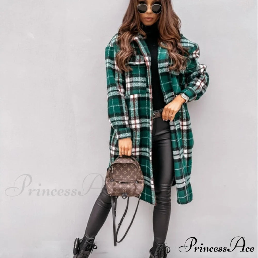 Fashion Loose Turn Down Collar Long Coat Green 2 / S