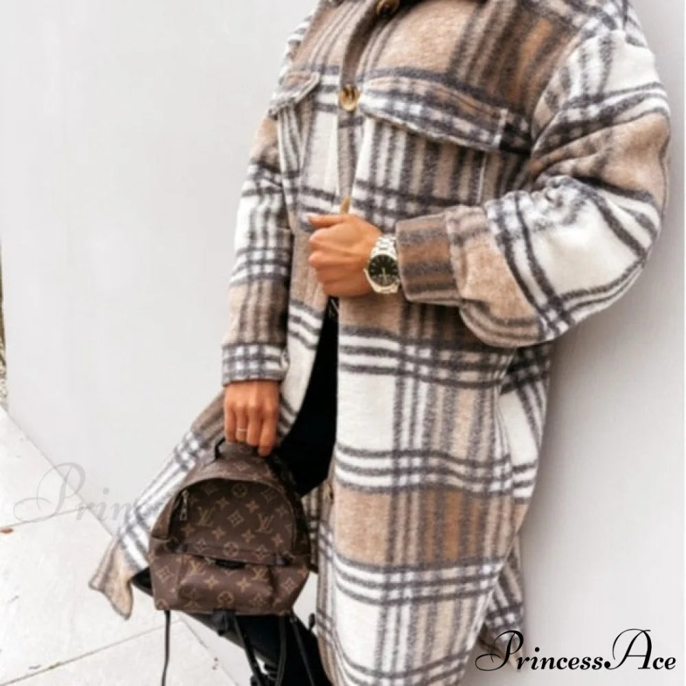 Fashion Loose Turn Down Collar Long Coat Khaki 2 / S