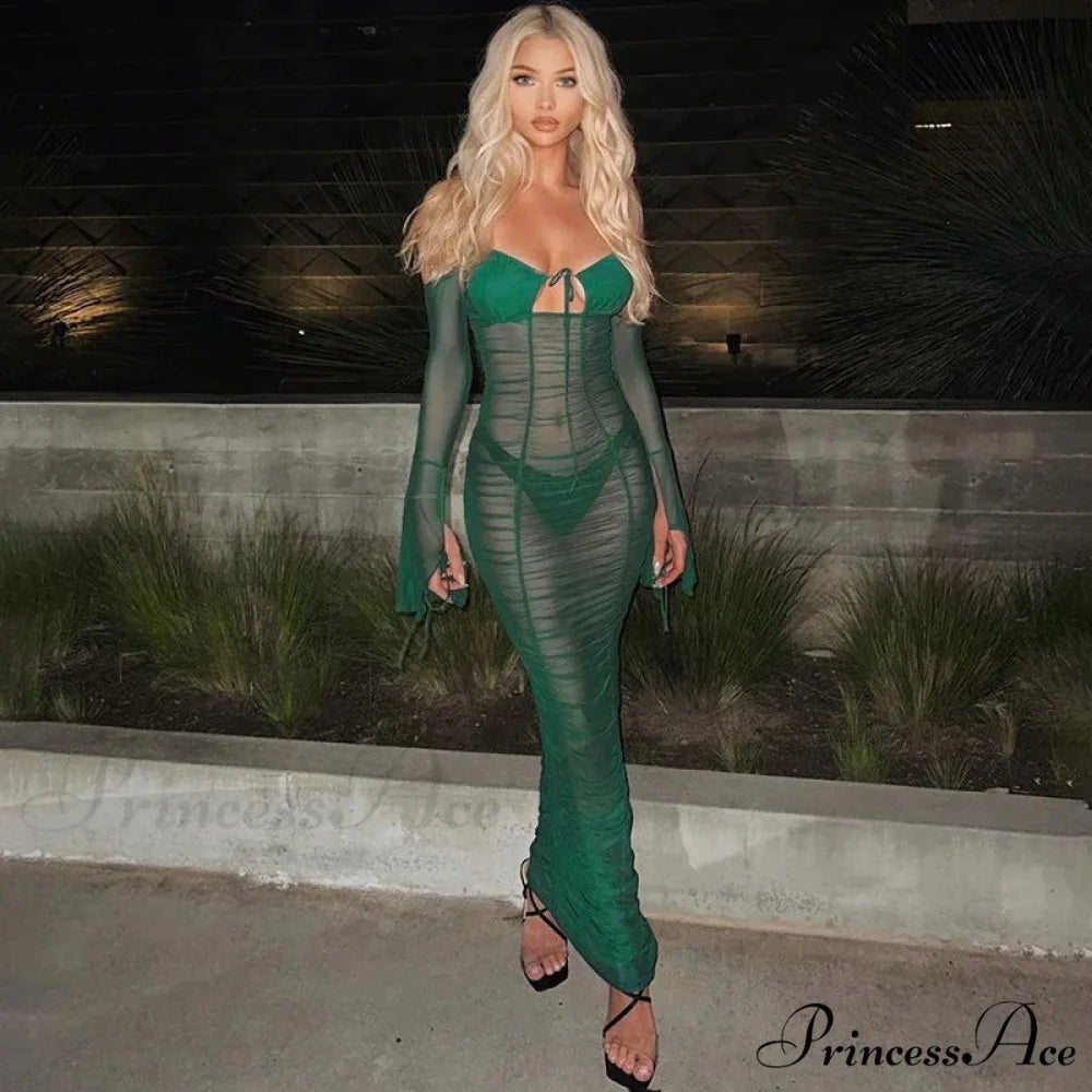 Fashion Mesh See Through Tie Front Maxi Dress