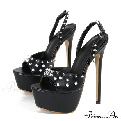 Fashion Metal-Rivet Back-Buckle Platform Sandals Sexy Peep-Toe Stripper Wedding Banquet High Heel Black / 35