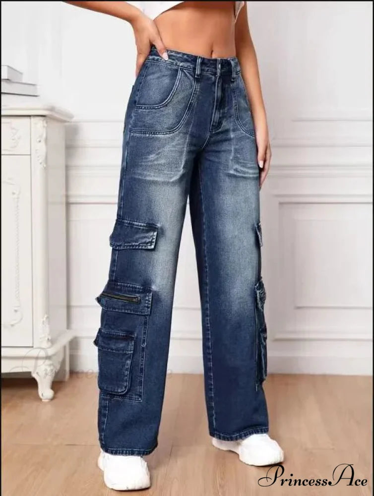 Fashion Multi Pocket Women’s High Waist Y2K Loose Cargo Denim Wide Leg Casual Clothing 2024 Fall New S-2XL Jean