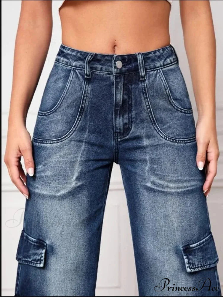 Fashion Multi Pocket Women’s High Waist Y2K Loose Cargo Denim Wide Leg Casual Clothing 2024 Fall New S-2XL Jean