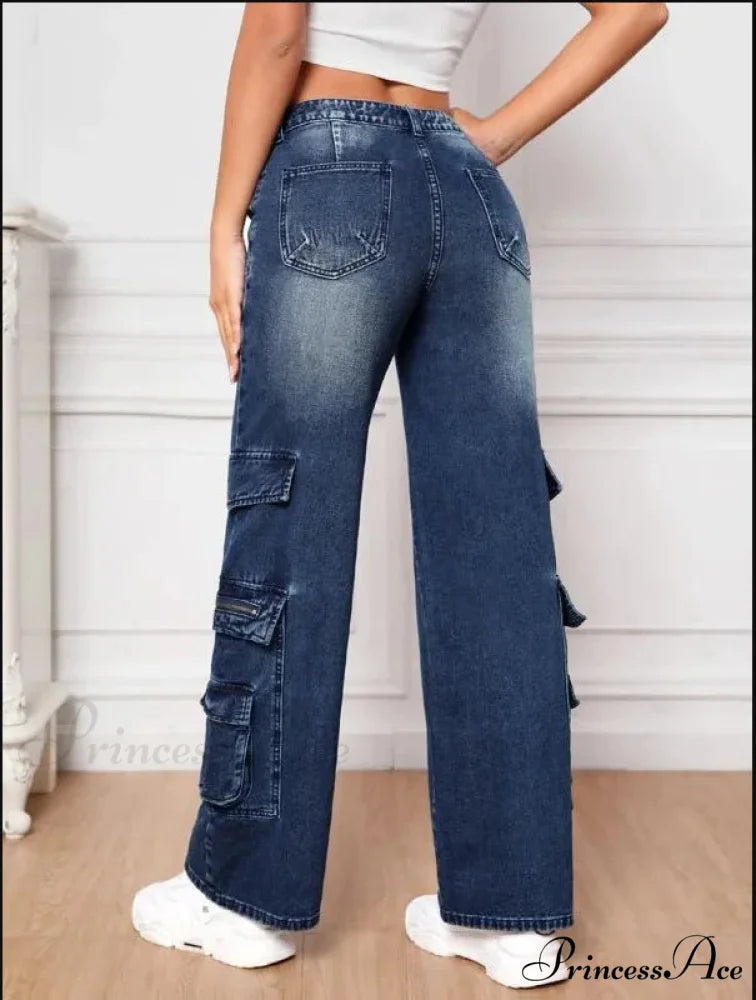 Fashion Multi Pocket Women’s High Waist Y2K Loose Cargo Denim Wide Leg Casual Clothing 2024 Fall New S-2XL Jean