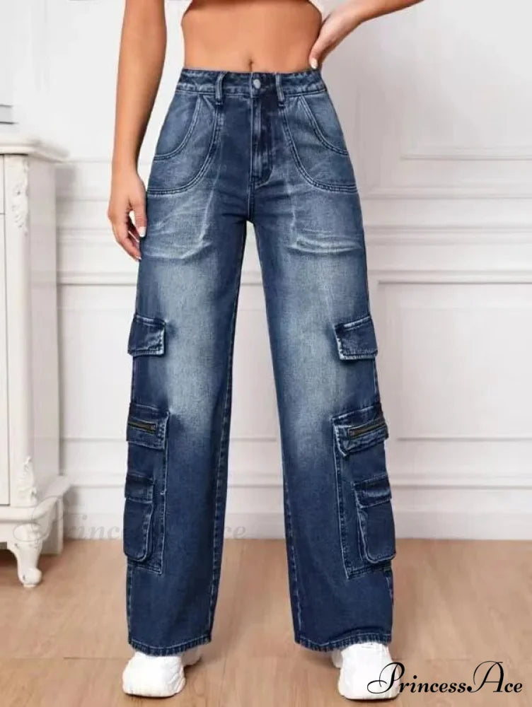Fashion Multi Pocket Women’s High Waist Y2K Loose Cargo Denim Wide Leg Casual Clothing 2024 Fall New S-2XL Jean Blue / S