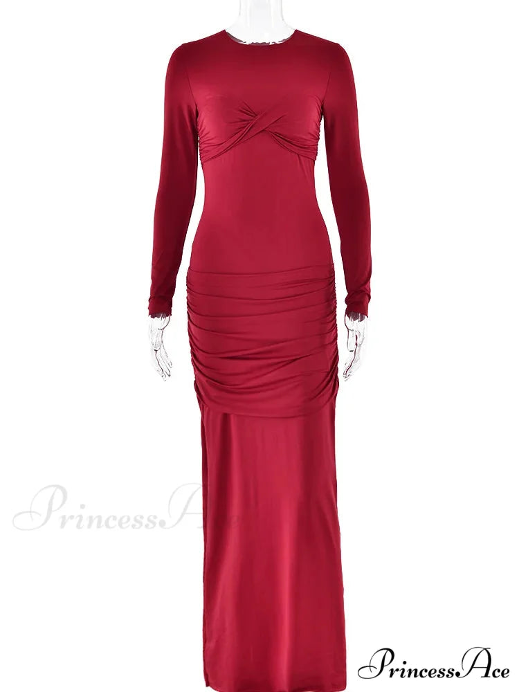 Fashion O-neck Long Sleeve High Waist Bodycon Red Christmas Party Dress Burgundy / S
