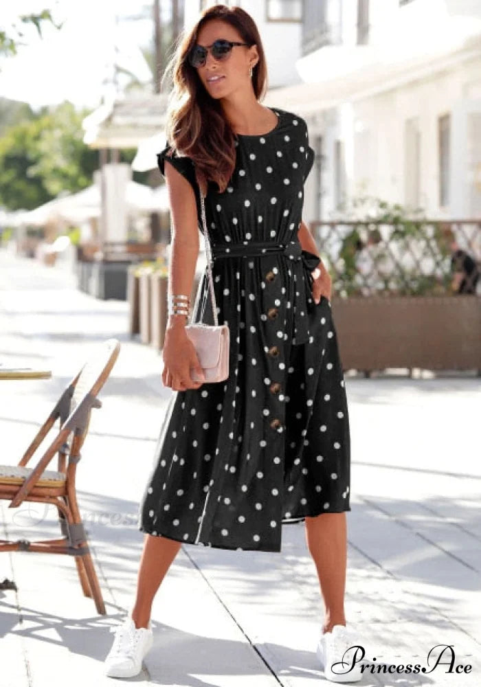 Fashion O Neck Print Polka Dot Dress black / S