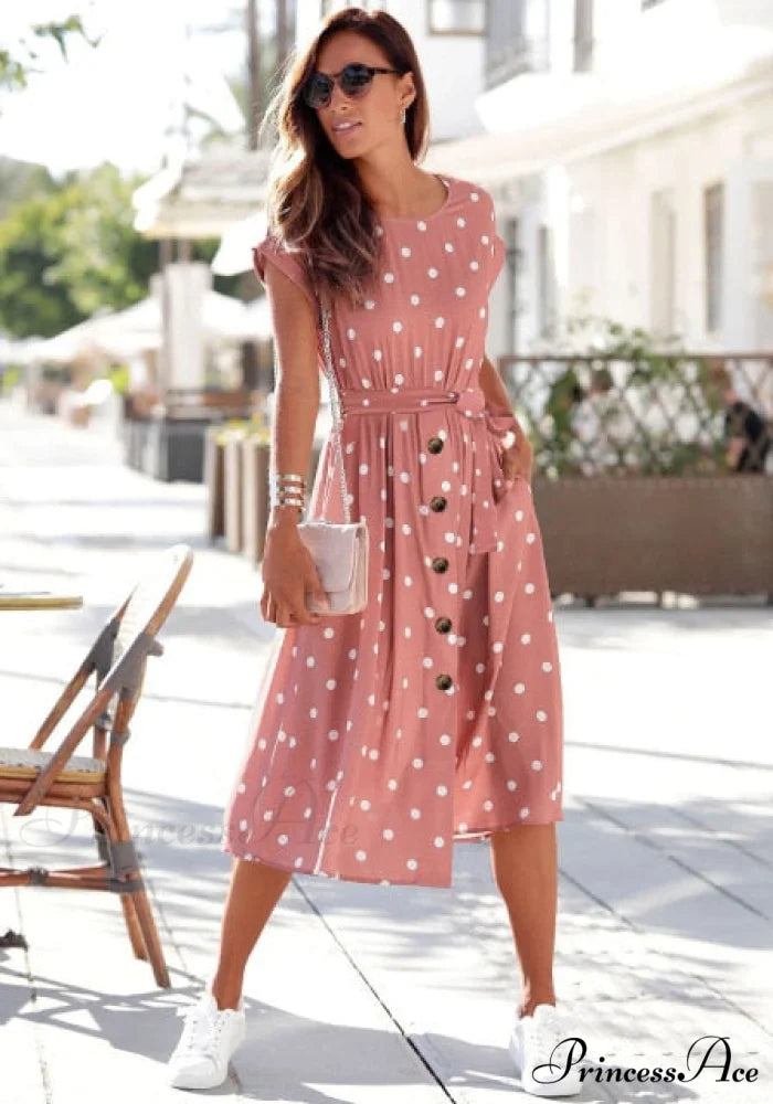 Fashion O Neck Print Polka Dot Dress Pink / S