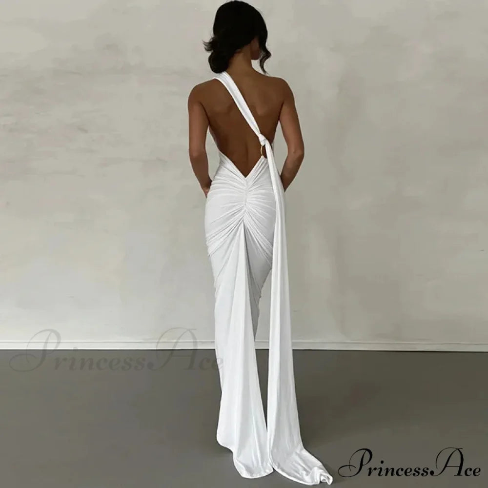 Fashion One Shoulder Elegant Long Sleeve Split Maxi Dress WHITE / S