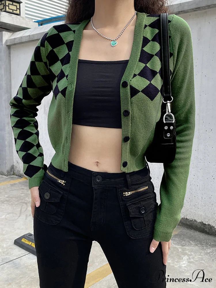 Fashion Plaid Green Cropped Knitted Cardigan Green / S