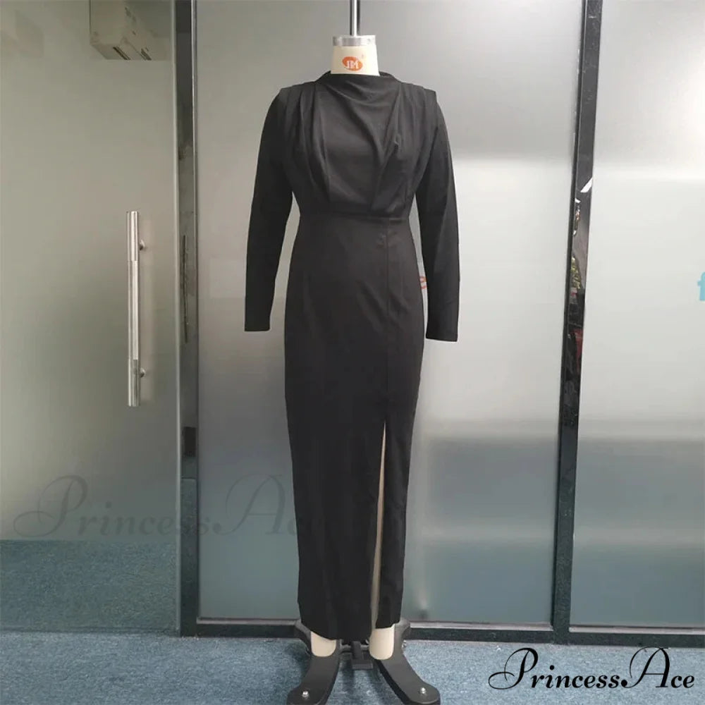 Fashion Pleated High Split Long Sleeve Maxi Dress