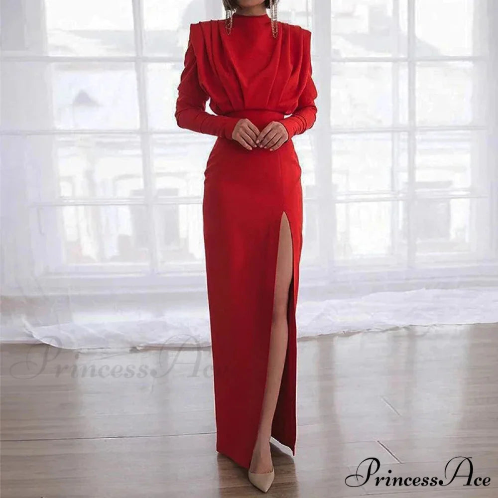 Fashion Pleated High Split Long Sleeve Maxi Dress Red / XS