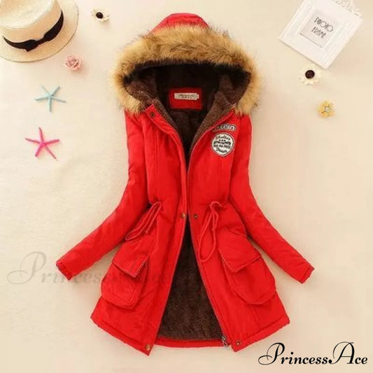 Fashion Plus Size Long Sleeve Thick Warmth Coat Red / XXL