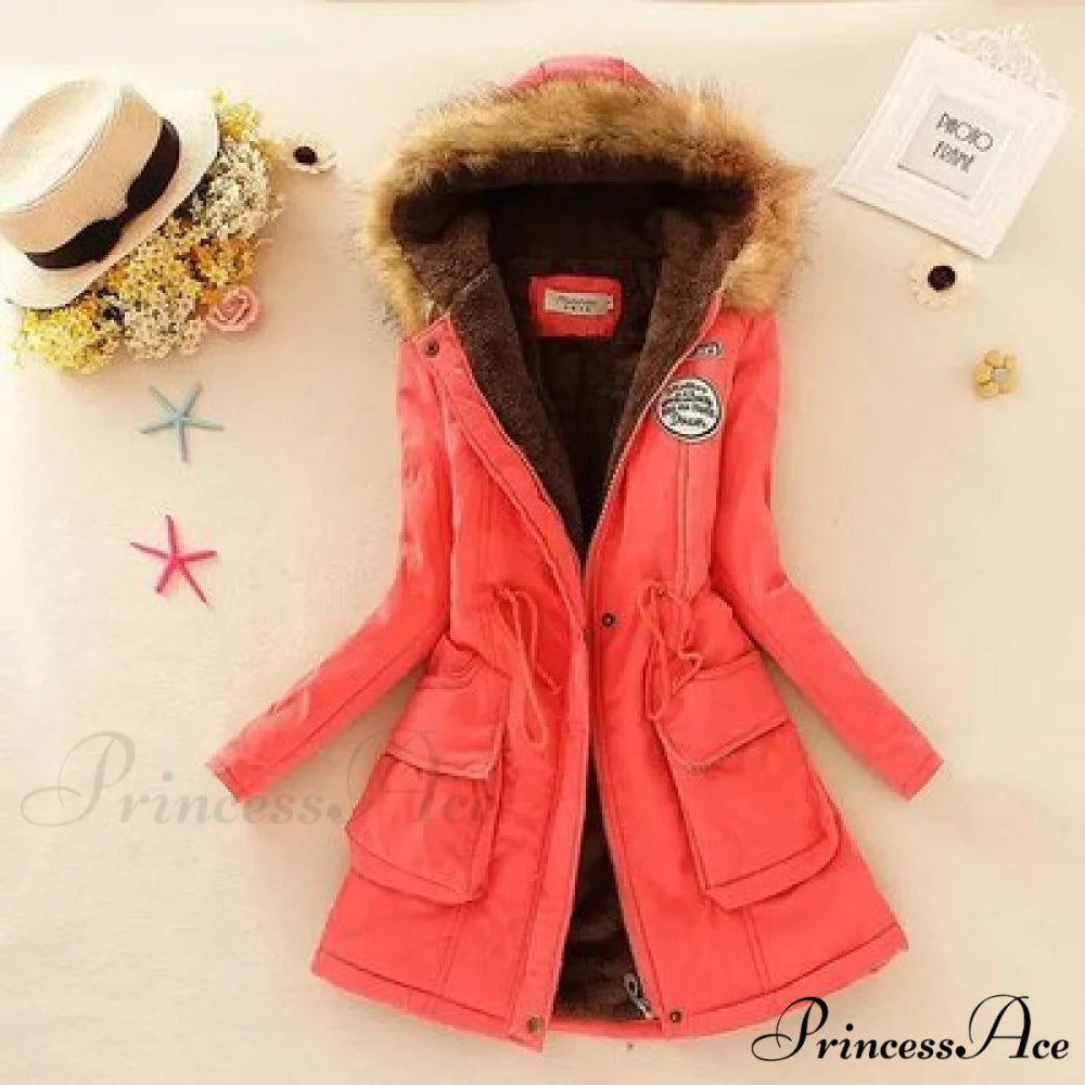 Fashion Plus Size Long Sleeve Thick Warmth Coat Watermelon Red / XXL