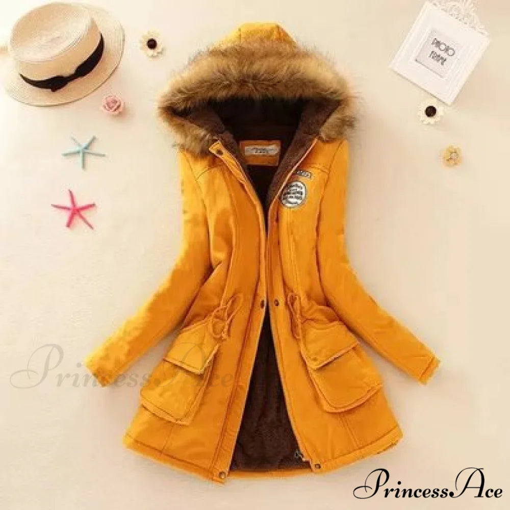 Fashion Plus Size Long Sleeve Thick Warmth Coat Yellow / XXL